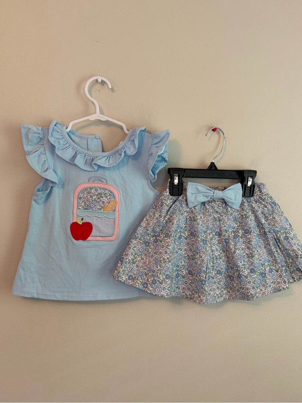 Stitchy Fish Blue Apple and School Supplies Top with Matching Floral Skirt